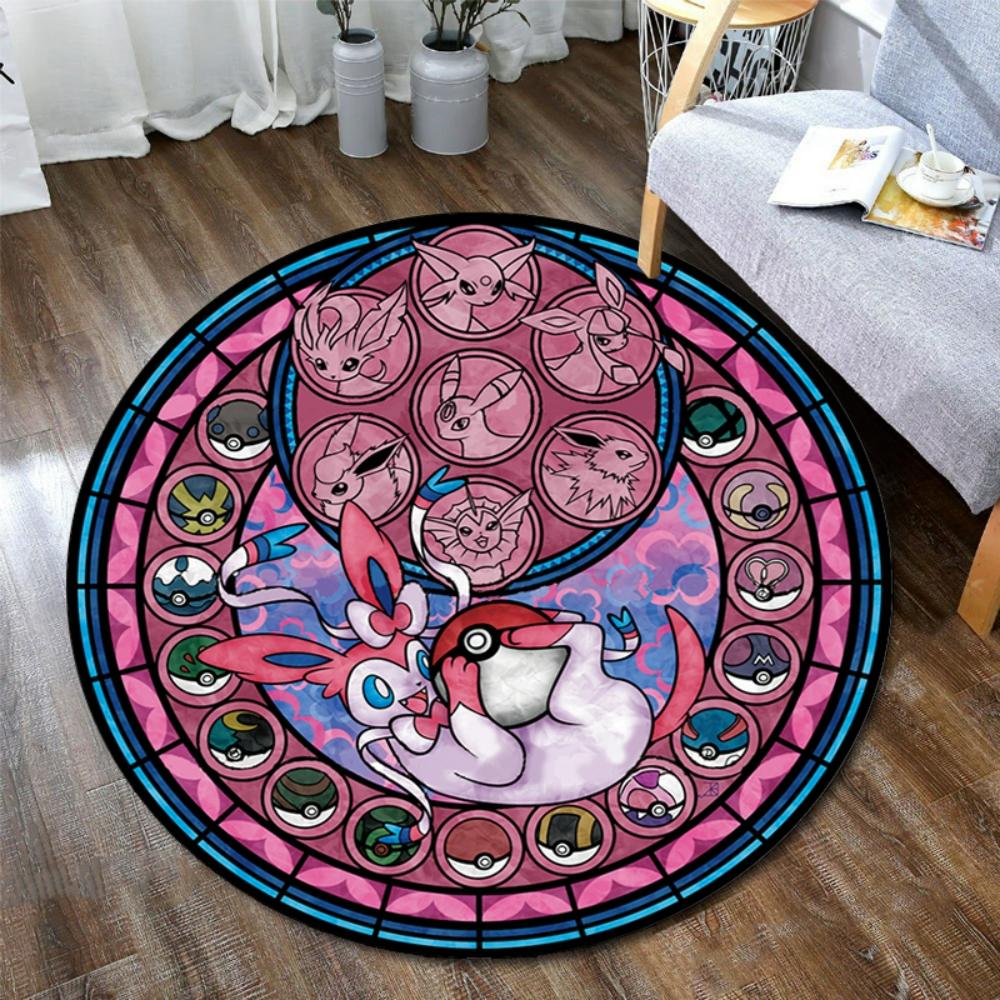  Pokemon Black Sylveon Elves Round Rug Elegant Floor Mat for Living Room Gaming Chair Area Bedside Decor Themed Carpet