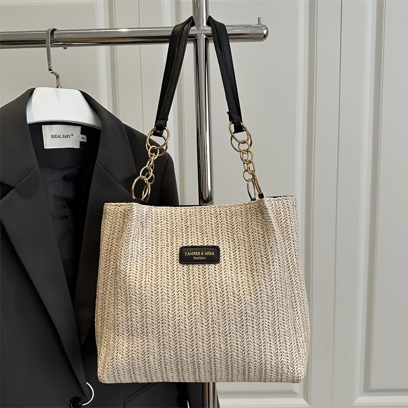 Ladies Tote Bag, Spacious Vacation Straw Woven Shoulder Bag, with Fixed Double Shoulder Straps And Chain Handle, for Shopping, Work, Travel