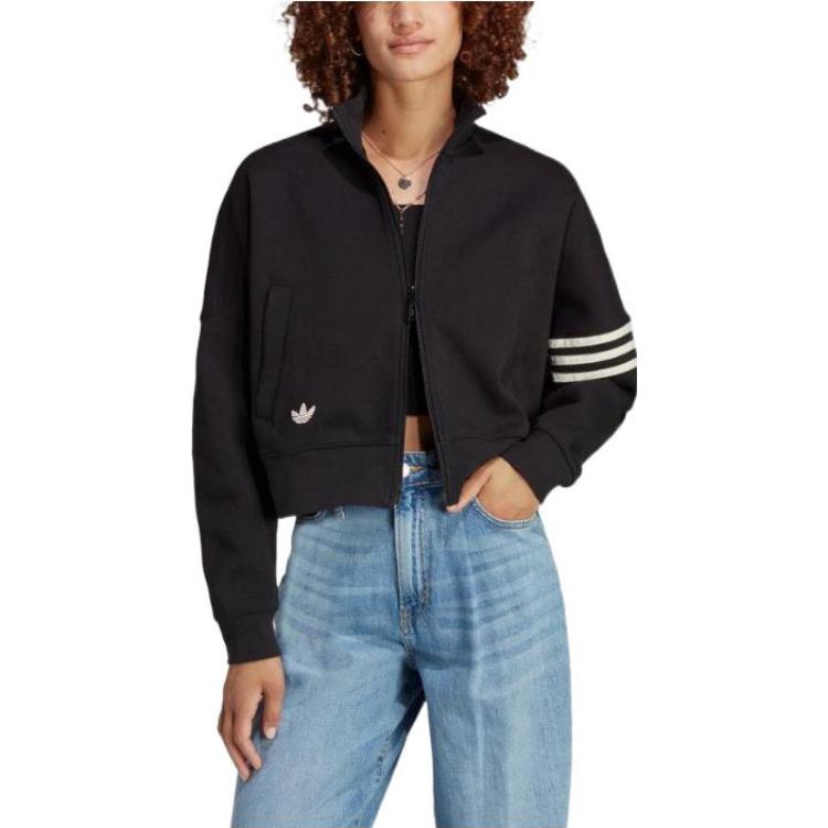 adidas Originals Trefoil Logo Embroidered Stripe Zip-Up High Collar Track Jacket Women Outerwear Black IB7317