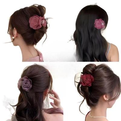 Fabric Rose Flower Hair Claw Clip for Women Girl Hair Grab Clip Barrette Plastic Ponytail Clamp Summer Headwear Hair Accessories