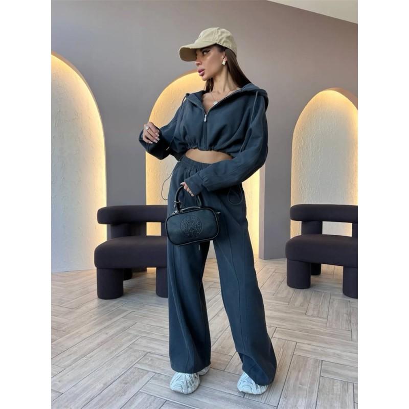 Womens Casual Two-Piece Set: Long Sleeve Zip-Up Hooded Top Wide Leg Pants Solid Color Stretch Comfort Fit