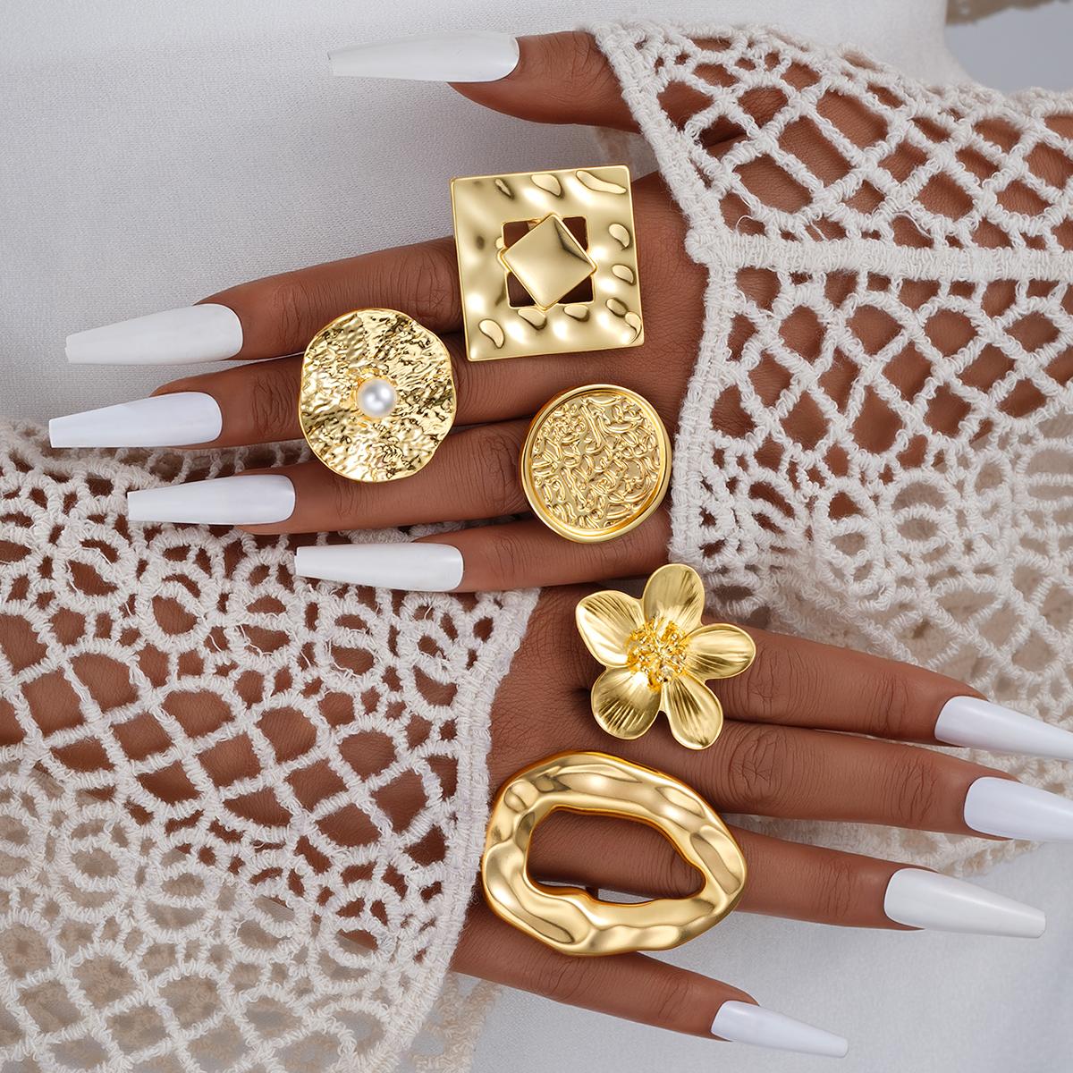 

IF ME 5 Piece Exaggerated Geometric Square Flower Ring Set Fashion Jewelry Women Trendy Shiny Party Accessory Daily Wear Decorative