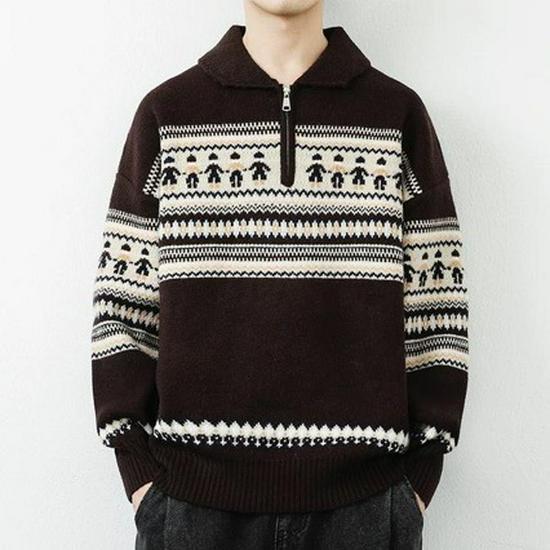 2024 Autumn/Winter Men's Plus Size Red Lapel Half-Zip Sweater - Warm, Versatile Knitwear