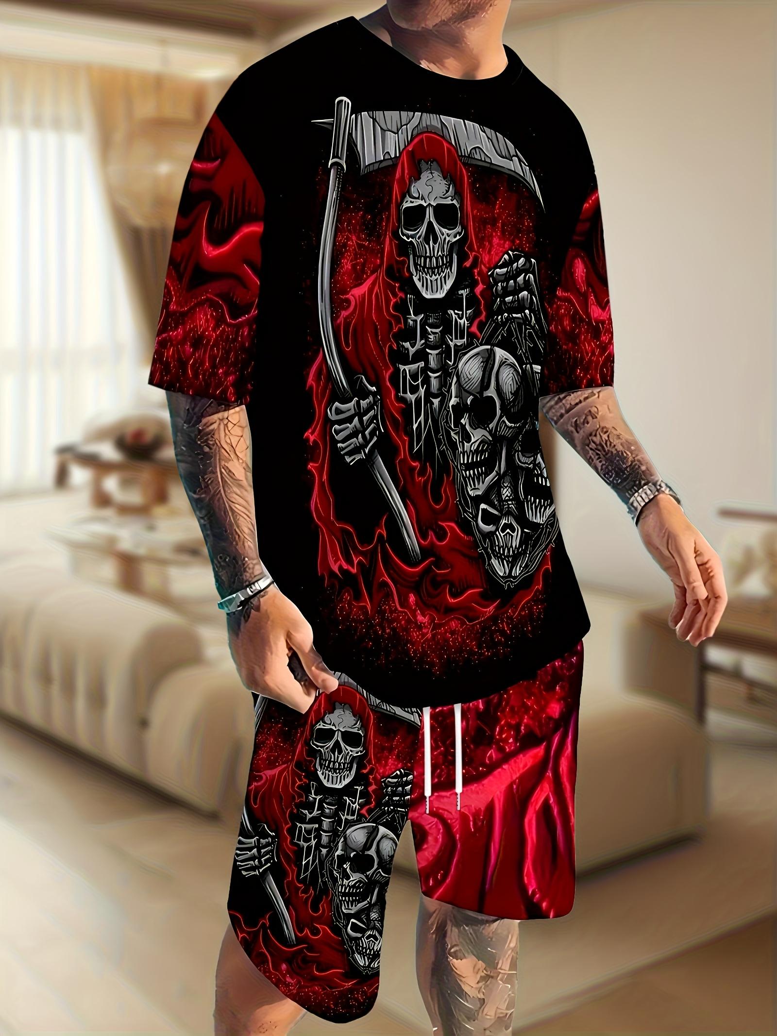 Men 2Pcs Digital Print T-Shirt Drawstring Shorts Set S