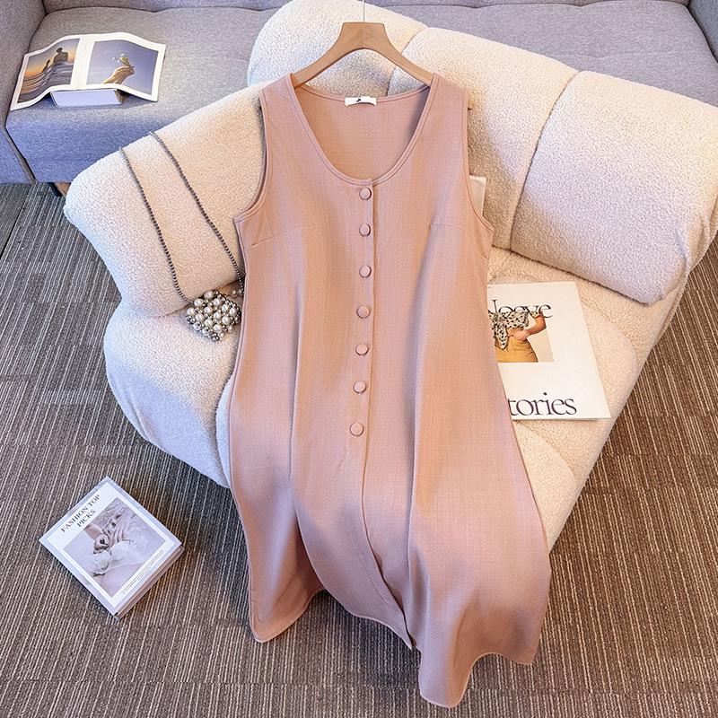 Plus Size Korean Style Apricot Knitwear & Pink Straight Tube Vest Dress Set for Women (130-350 Lb)