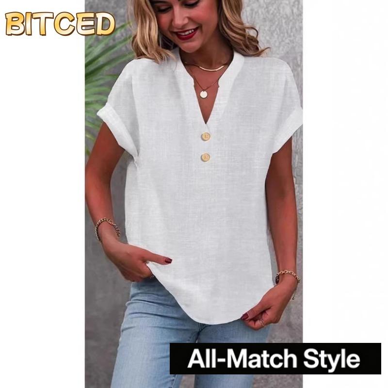 BITCED Damenmode, lässig, einfarbig, kurzärmelig, V-Ausschnitt, Blusen und Hemden
