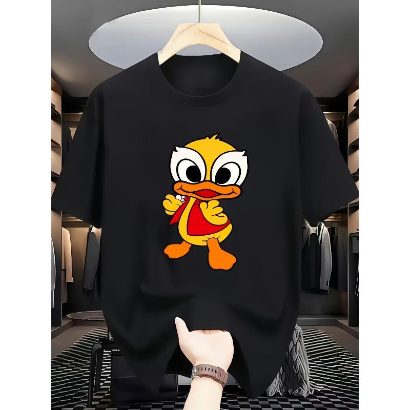Adorable Little Yellow Duck Print Men'S T-Shirt, Loose Black Short-Sleeve Top with a Round Neck for Summer