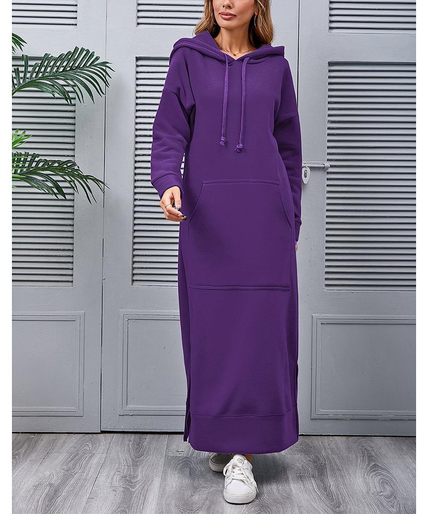 Herbst und Winter neue lockere Strick-Kapuzen-Langkleid Fleece-Pullover Freizeit-Modekleid große Tasche Rock