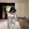 Autumn new sexy dress low-cut square neck mesh fringed slim-fit pleated hip-wrapped bottoming long-sleeved dress