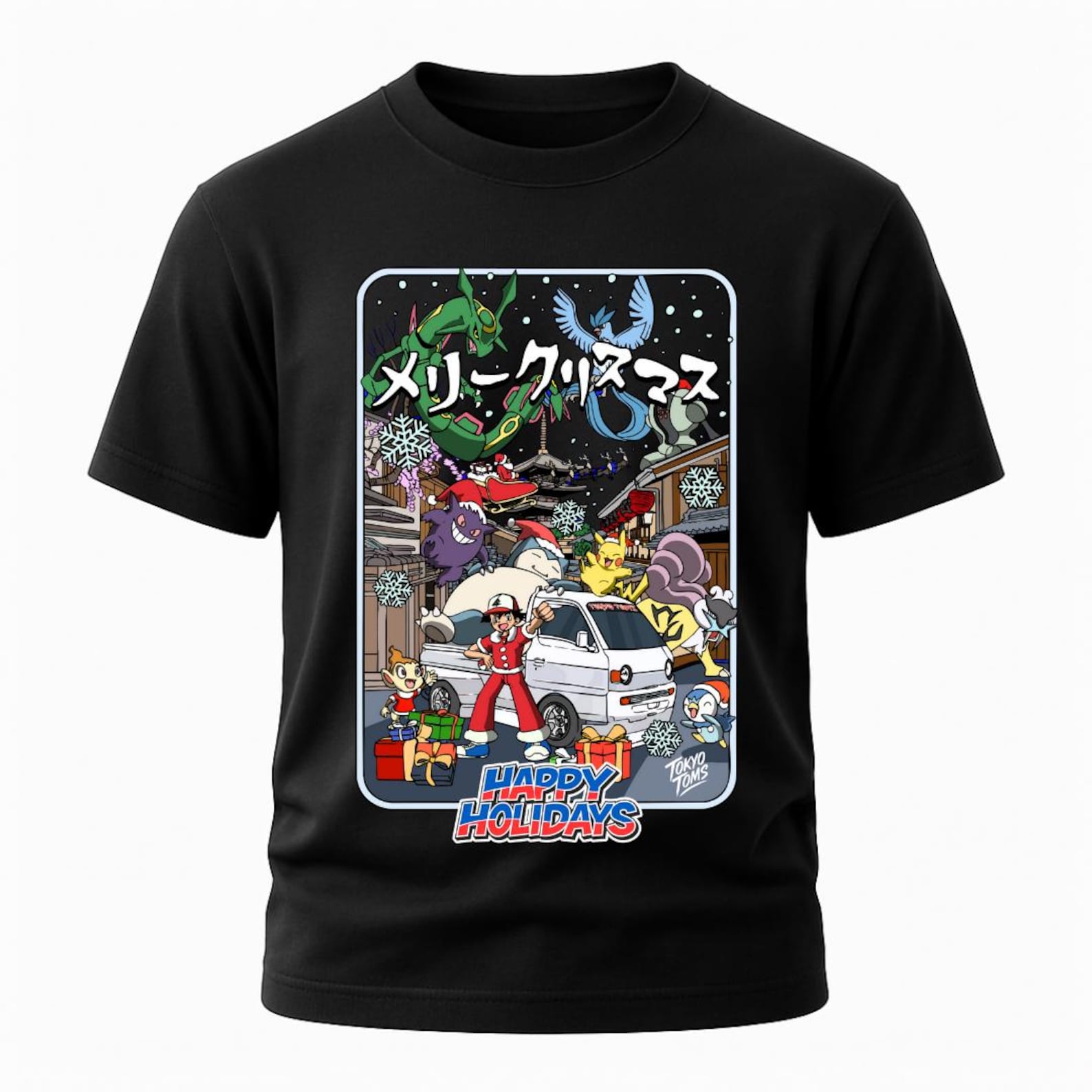 Anime Holiday T-Shirt - JDM Christmas Gift, Pokémon Japanese Kei Truck Tee, Funny Manga Winter Streetwear Shirt, Anime Car Guy Apparel L