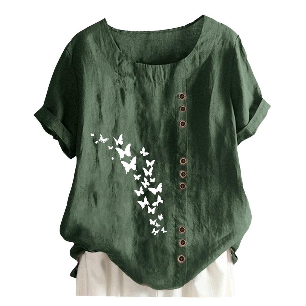 Women's Fashion Casual Round Neck Short Sleeve Cotton And Linen Printed T-shirt Top