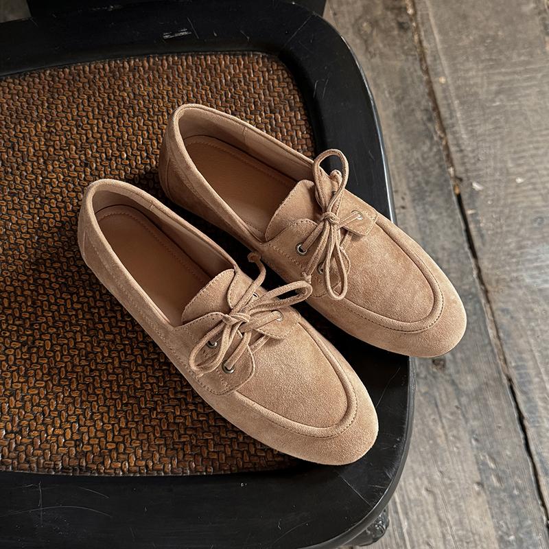 Fashion Women Pumps Low Heels Round Toe Lace Up Sheep Suede Quality Shoes Woman Retro Lace-Up Office Lady Working Spring Summer 2025 New