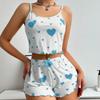 2 Pcs Women's Pajamas Set Casual Sleepwear Printed Shorts Tank Tops and Shorts White Ventilate Soft Casual Love Printing Suits