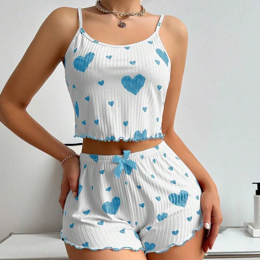 2 Pcs Women's Pajamas Set Casual Sleepwear Printed Shorts Tank Tops and Shorts White Ventilate Soft Casual Love Printing Suits