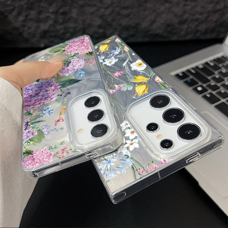 Motif Floral Plume Pailleté Étui de Téléphone Slim Pour Samsung S25 Ultra S24 FE S23 A56 A36 A16 A55 TPU Antichoc Bord Souple Paillettes Coque Arrière Rigide en PC