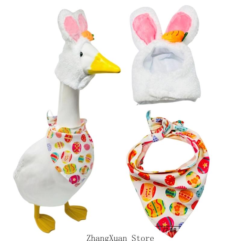Lovely Rabbits Ear Hat and Scarf Set for Garden Gooses Statues Portable Easter Decoration Accessory for Lawn Gooses