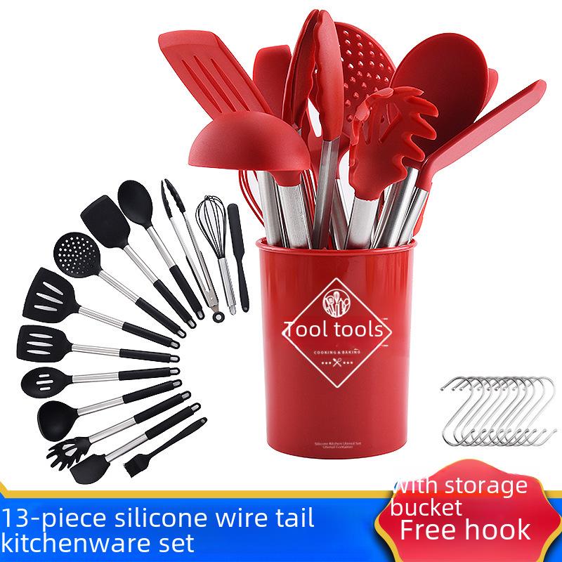 Set de 13 ustensile de bucătărie din silicon: Spatule și linguri pentru gătit și copt cu găleată de depozitare