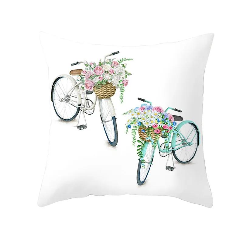 Valentine's Day Bicycle Flower and Grass Print Cushion Cover Home Living Room Sofa Decoration Pillow