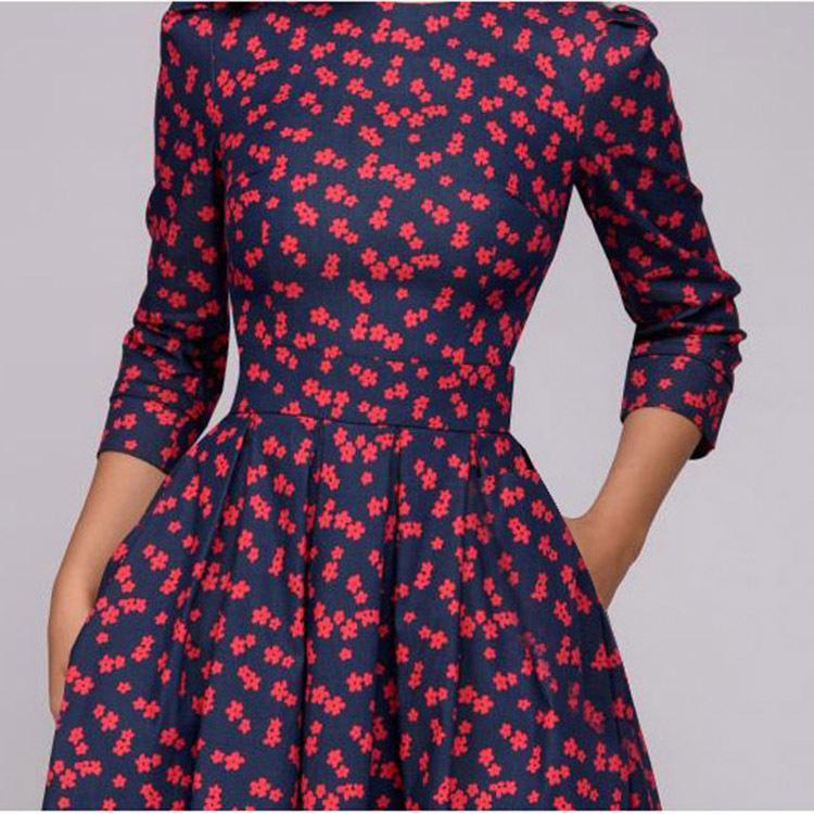 2022 A-line Retro Floral Dress for Women - Three-quarter Sleeve, Round Neck, Autumn/Winter Collection
