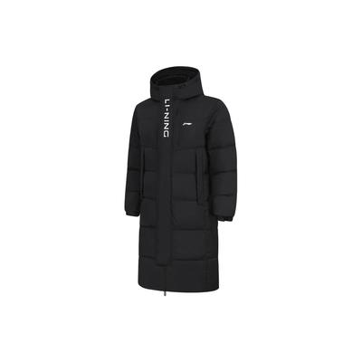 Li Ning Kapüşonlu Baskılı Yazılı Kalın Uzun Kaz Tüyü Mont Unisex Dış Giyim Siyah AYMT413-1