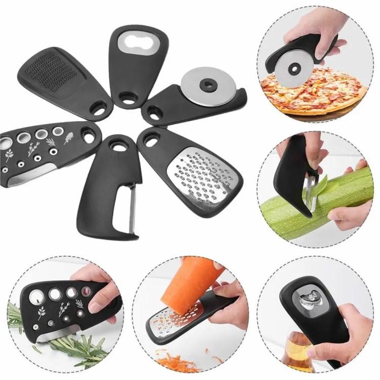 

6-in-1 Roller Pizza Cutter Can Opener Garlic Masher Peeler Kitchen Gadget Set (BPA Free,No FDA) Type A