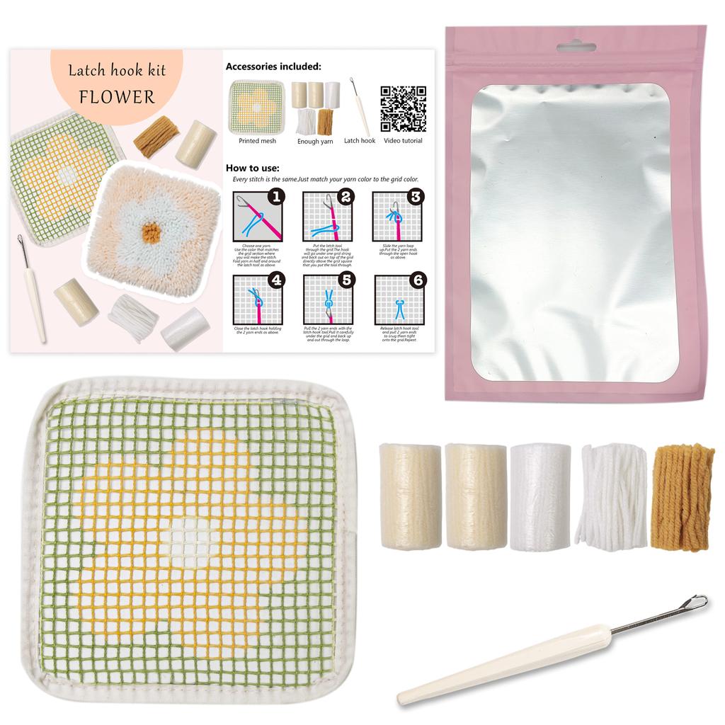 Latch Hook Kits for Coasters: 4 Floral Designs W/ Pre-Cut Yarn & Canvas