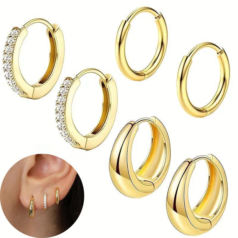 

3 Pairs Dainty 14K Gold Plated Zircon Hoops Stackable Earrings Set For Women Fashion Elegant Daily Party Wear Jewelry Gifts 2026