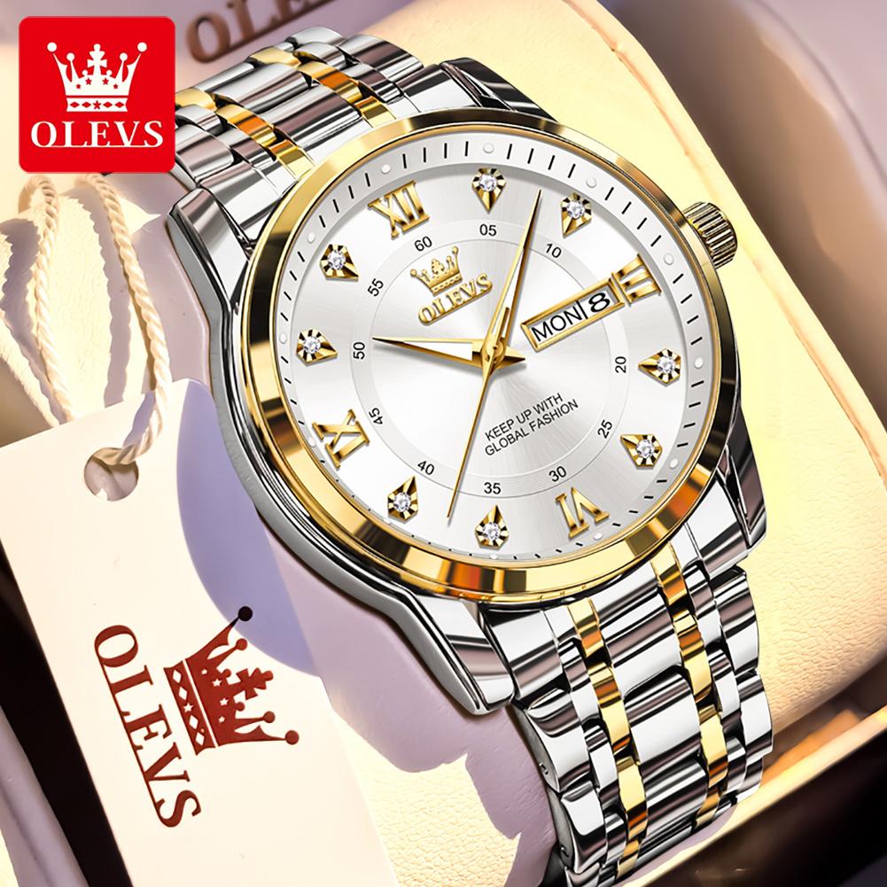 OLEVS 5513 Men's Quartz Watches Stainless Steel Strap Diamond Scale Dual Calendar Waterproof Luminous Men's Business Wristwatch