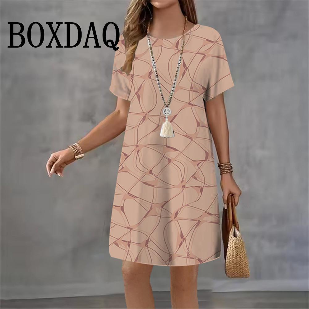 2026 New Women's Dresses Geometric Graphic Abstract Striped Print Elegant Dress Female Summer Loose Short Sleeve Rint Dress