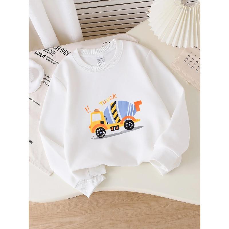 Kids Crewneck Sweatshirt, Vibrant Cement Mixer Truck Graphic Print,Spring Autumn Casual Sport Tops 110 белый