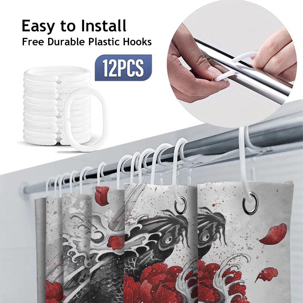 Japanese Koi Fish Ink Art Shower Curtain, Red Floral Wave Zen Bathroom Decor, Oriental Brush Painting Fabric Bath Curtain