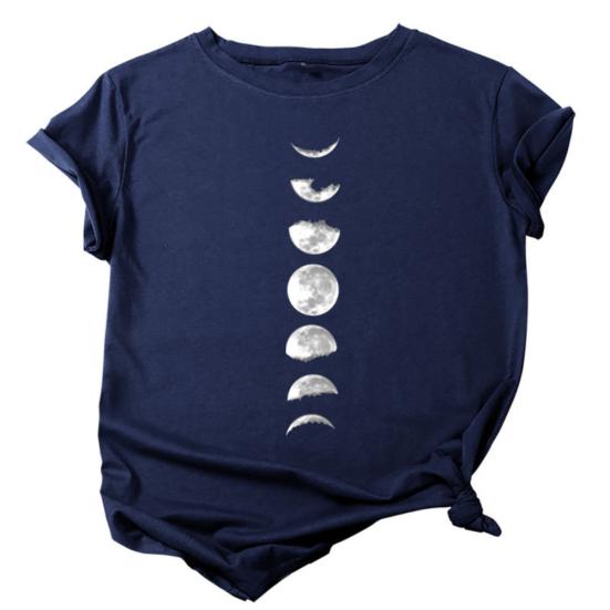 Women Summer Casual O Neck Short Sleeve Moon Print Loose Blouse T-shirt Top