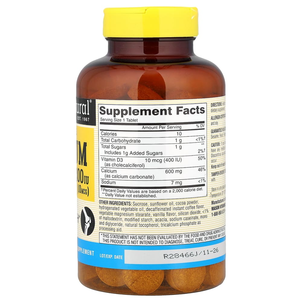 Mason Natural Chewable Calcium + Vitamin D3 Coffee Mocha Flavor 600mg 100 Tablets