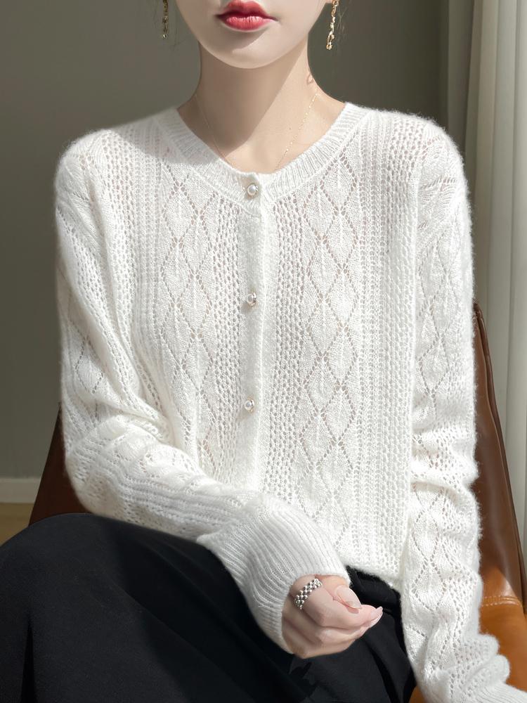 Spring Autumn Fashion Women's Crewneck Sweater Pearl Buckle Hollow Long Sleeve Knitted Cardigan Women