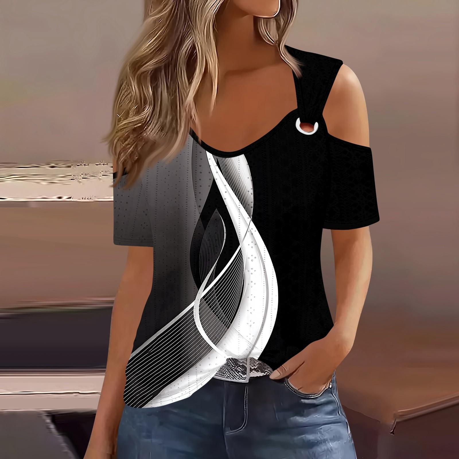 

Сексуальные топы Cold Sholuder для женщин, летняя блузка с коротким рукавом и вырезом, свободная футболка с V-образным вырезом, модные повседневные туники L чёрный