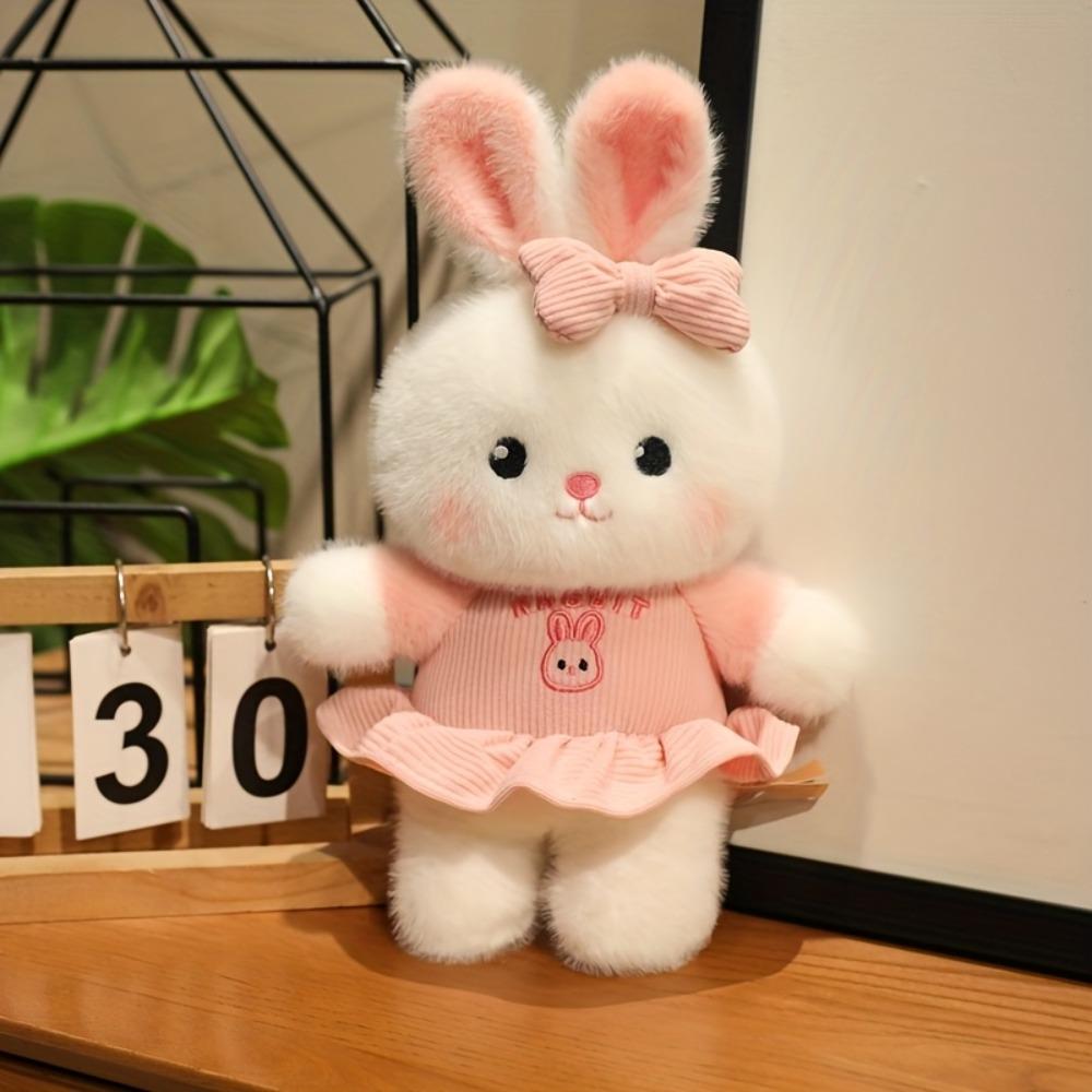 Kawaii Bunny Plush Soft Stuffed Rabbit with Cute Dress & Bow Soft Cuddly Bunny Easter Gift for Toddler Kids Baby Shower Girls