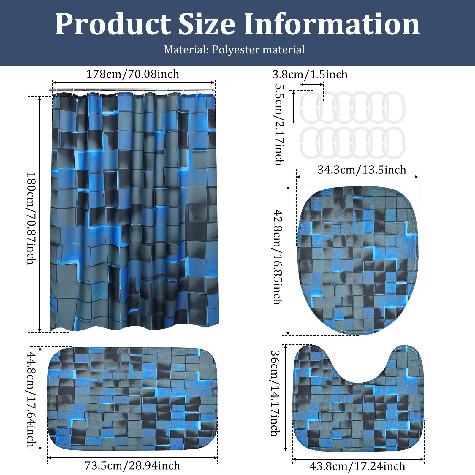 

4Pcs Shower Curtain Decor Set Waterproof Bathroom Accessories with Hook Non-slip Bath Mat U Shape Carpet Toilet Lid Cover