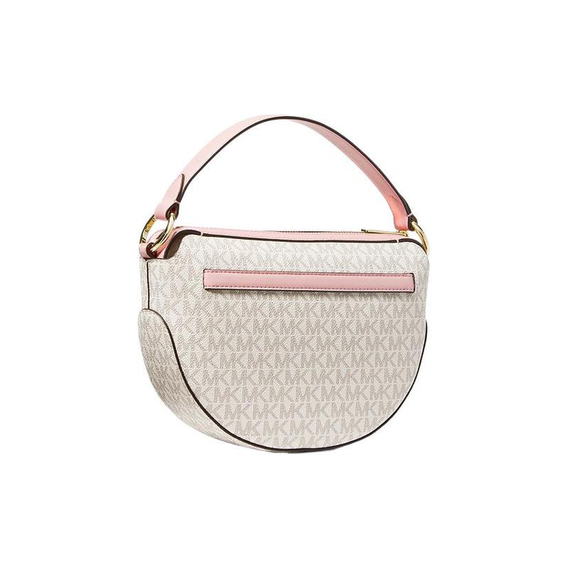 Michael Kors Emilia Presbyopia Braided Heart Logo Print Canvas Crossbody Shoulder Handbag Medium Women's Off-White and Pink