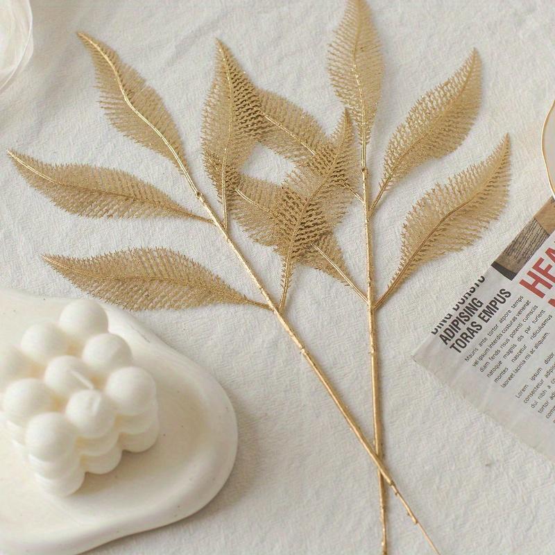Gold Artificial Leaf Sticks Fake Plants Golden Plastic Leaf Fake Rose Leaves Faux Plant Bushes Artificial Plants for Indoor Outdoor Home