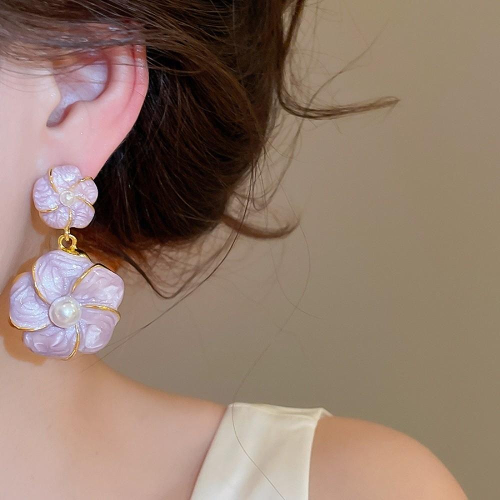 Purple Floral Dangle Earrings Pearl Ear Jewelry Elegant Camellia Flower Earrings Female