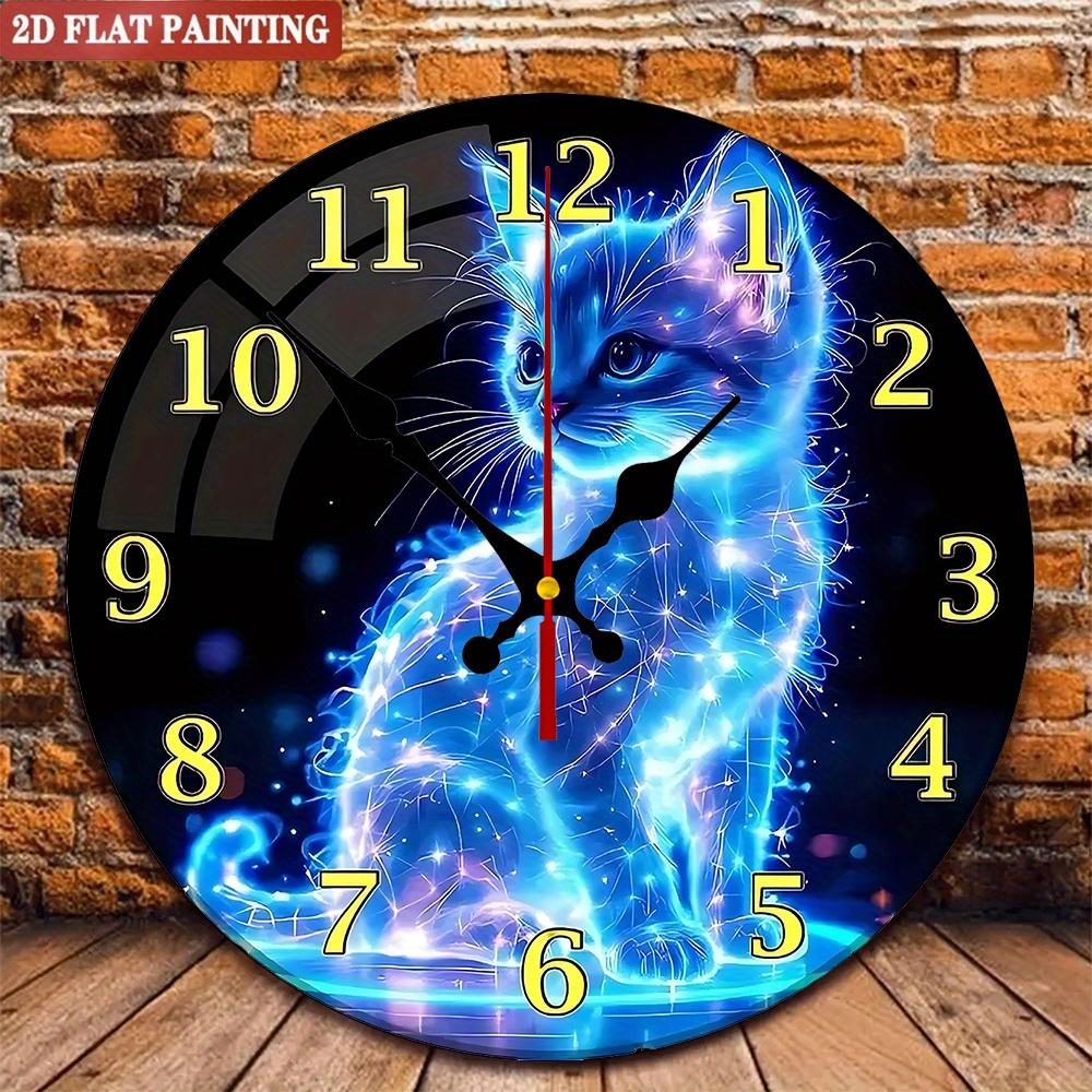 Neon Cat Wall Clock. Blue galaxy kitten design for home or kitchen. A perfect gift.