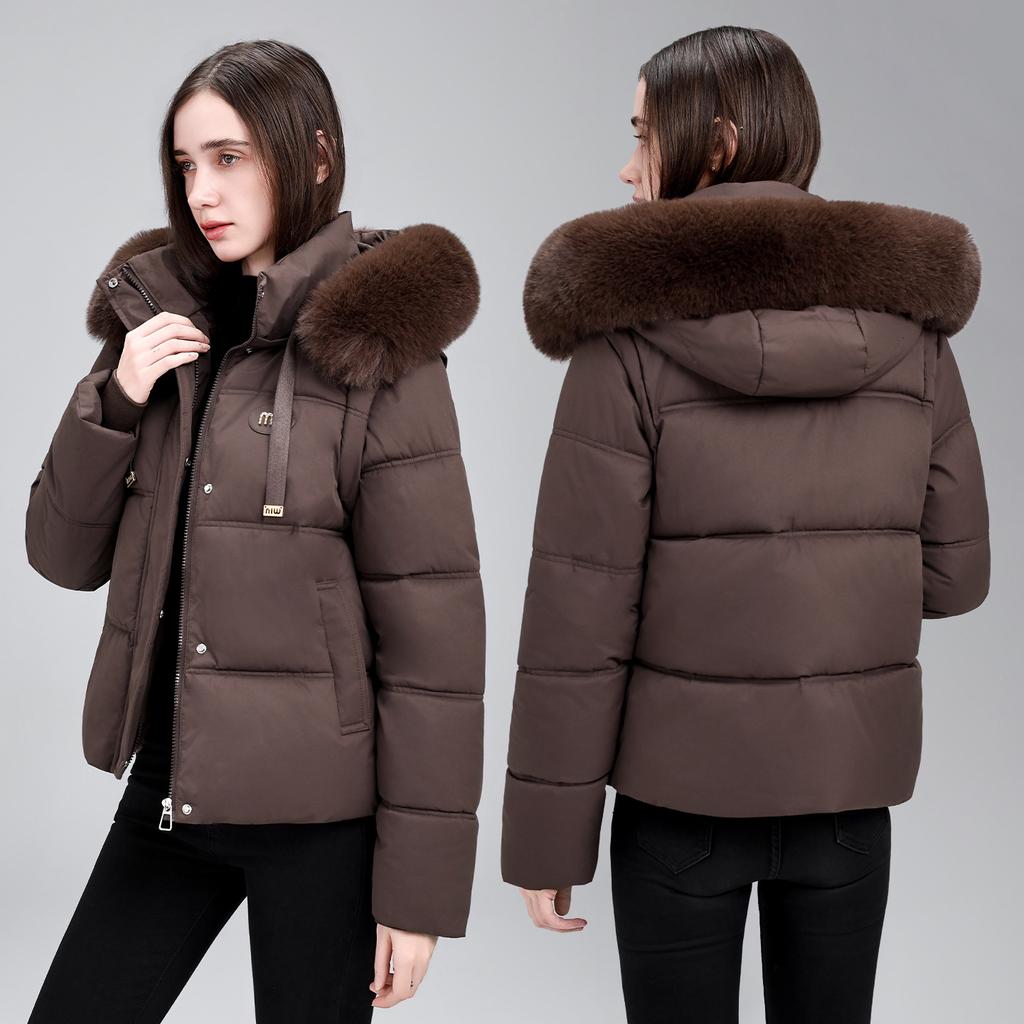Winter fur collar hooded short cotton clothes women's loose drawstring waist bread clothes thickened warm cotton clothes