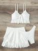 European and American Women's Fashion Solid Bikini Set 3 Pieces Swimwear Set Padded Ruffled Knot Top Briefs Ruffled Skirt Swimsuit Modest Bathing Suit