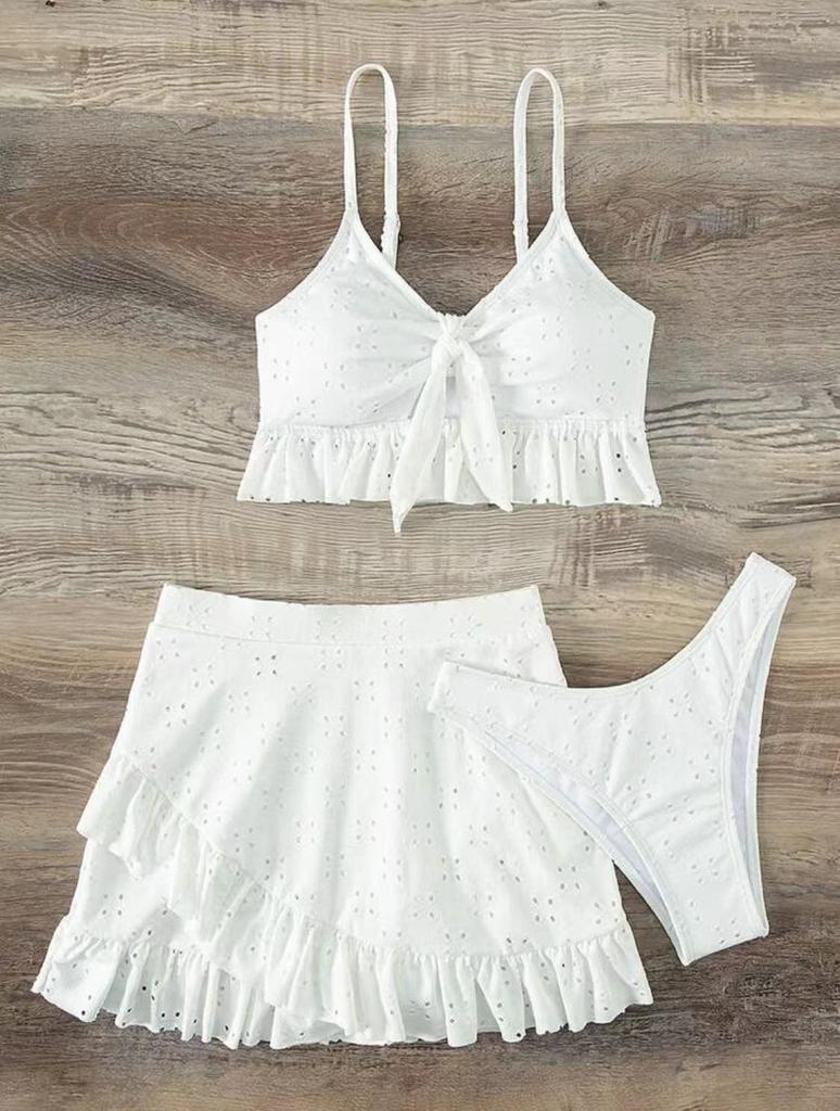 European and American Women's Fashion Solid Bikini Set 3 Pieces Swimwear Set Padded Ruffled Knot Top Briefs Ruffled Skirt Swimsuit Modest Bathing Suit