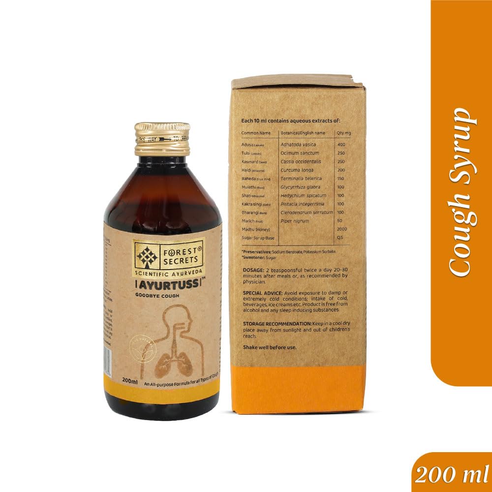 Forest Secrets Ayurtuss Cough Syrup | Ayurvedic Non-Drowsy Cough & Cold Relief | Relieves Sore Throat & Congestion | Adult Formula | 200ml