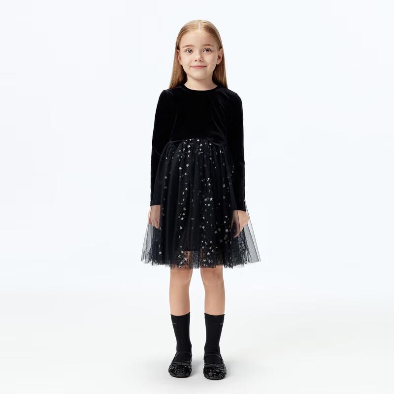 Little MO&Co. Girls' Velvet Star Mesh Long-Sleeve Dress