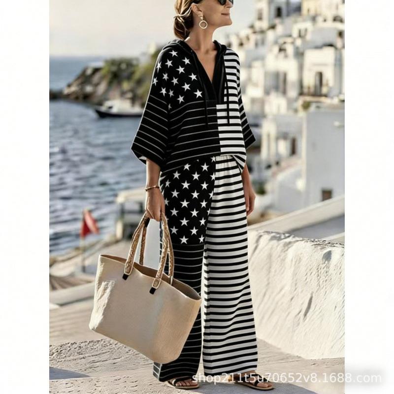 New Spot Women's Star Stripe American Flag Casual Hooded V-Neck Suit Vacation Bohemia