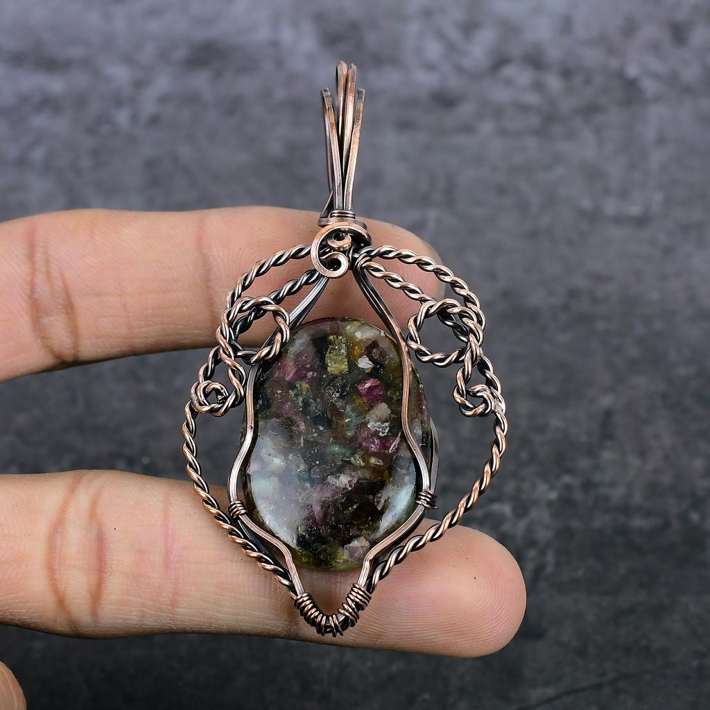 Natural Watermelon Tourmaline Copper Wire Wrap Gift Jewelry Pendant 3.15" N7V69