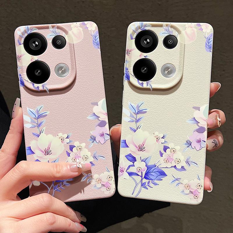 Floral Print Leather Texture TPU Soft Case For Xiaomi 13T Pro Poco X7 X6 M6 Pro Redmi Note 14 13 Pro 12 11 Slim Matte Shockproof Phone Cover
