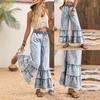 Damen Elastische Taille Gewaschene Denim Weite Hosen, Vintage Used Rüschen Mehrlagig Roher Fransen Saum Bodenlang Locker Freizeit Fließend Lange Hosen